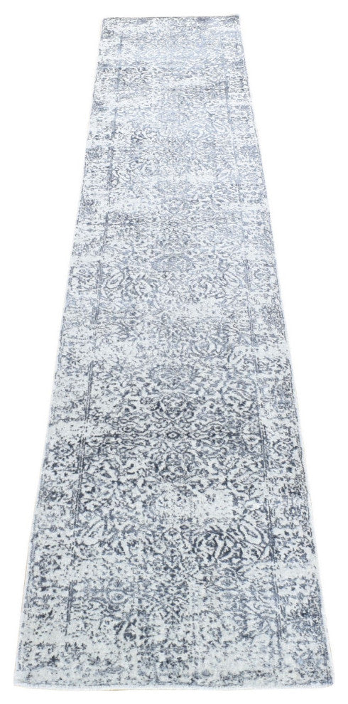 Light Gray Transitional Jacquard Loomed Wool and Silk Runner Rug, 2'5"x12'0"