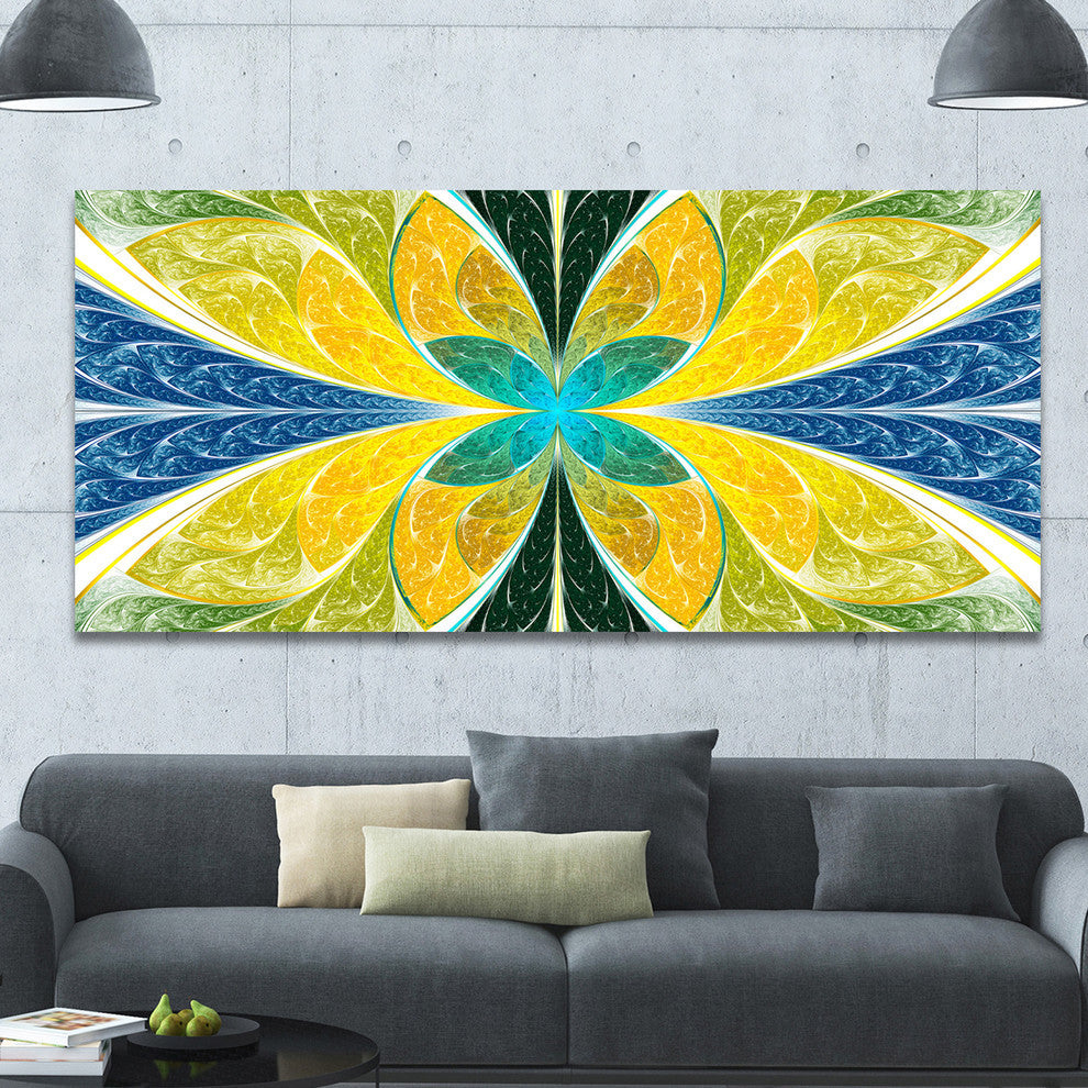Yellow Fractal Stained Glass, Oversized Abstract Canvas Art Print, 60x28