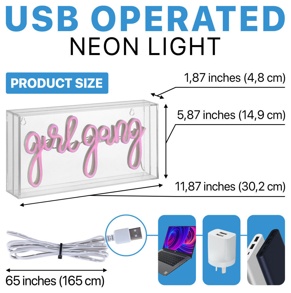 Girl Gang 11.88" Contemporary Glam Acrylic Box USB Operated LED Neon Light, Pink