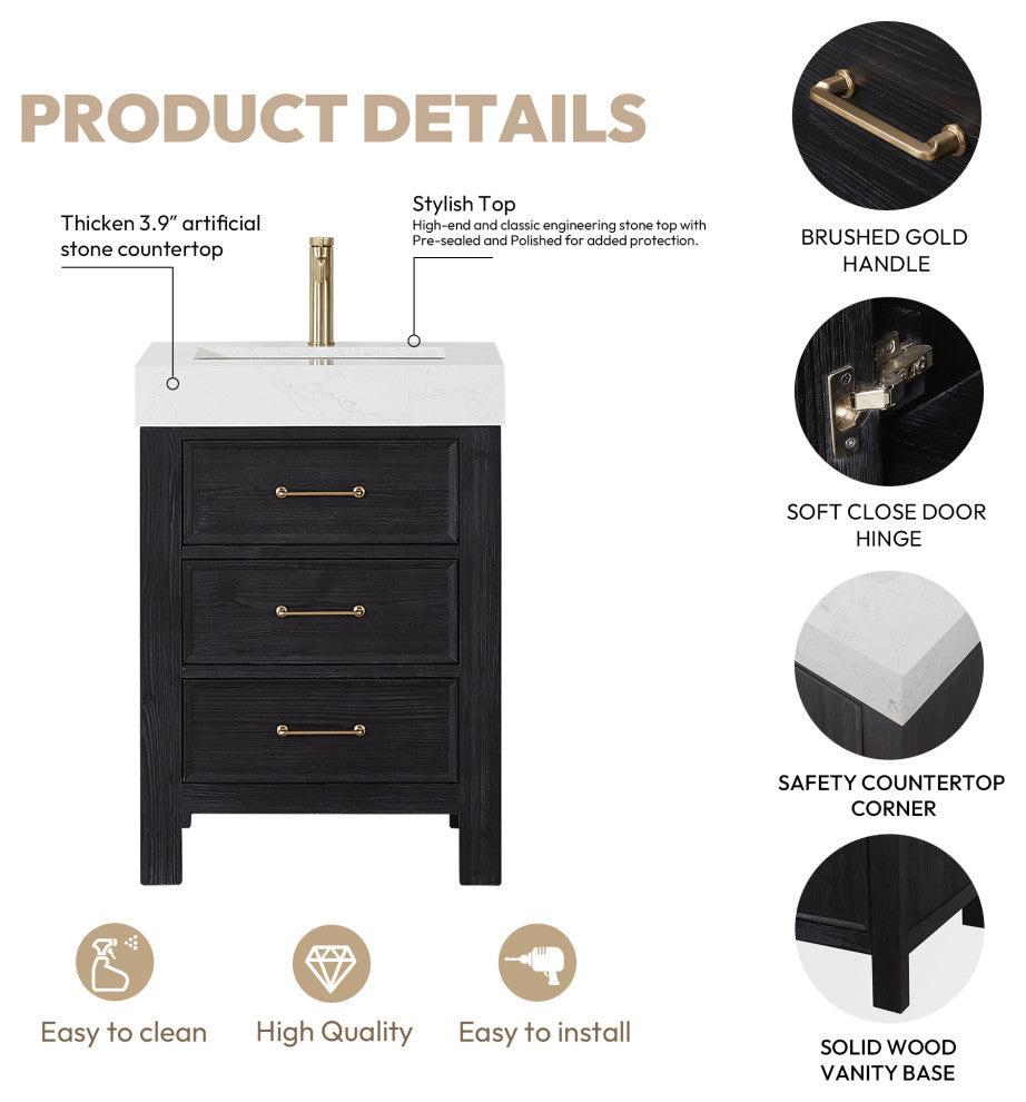 Leon Bath Vanity With Composite Stone Top, Fir Wood Black, 24", With Mirror