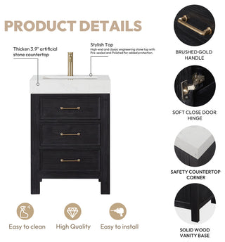 Leon Bath Vanity With Composite Stone Top, Fir Wood Black, 24", With Mirror