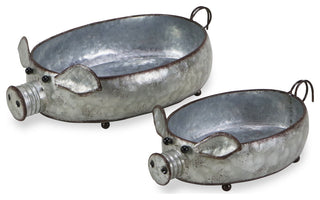 Galvanized Metal Piglet Planters, Set of 2