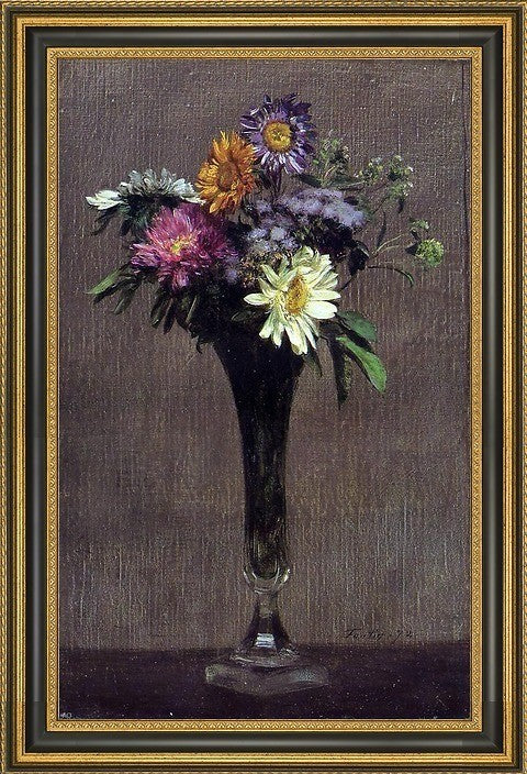 Henri FantinLatour Daisies and Dahlias  Framed Premium Canvas Print, 18"x27"