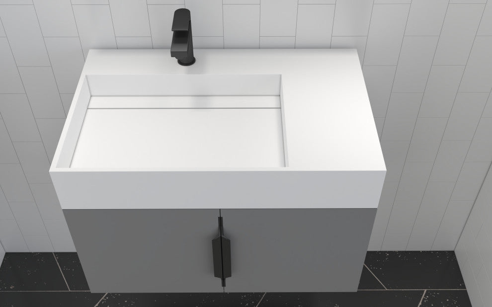 CastelloUSA Amazon 30" Left Wall Mounted Bathroom Vanity Set, Gray, White Top, Black Handles