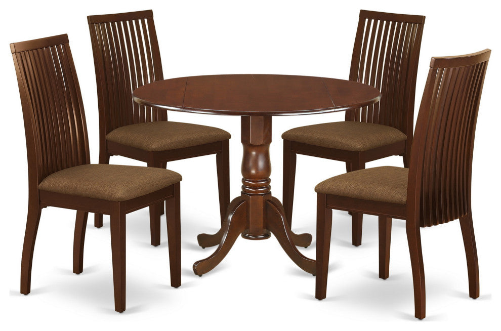 5Pc Dining Set, Round Table, Drop Leaves, Four Linen Seat Chairs, Mahogany