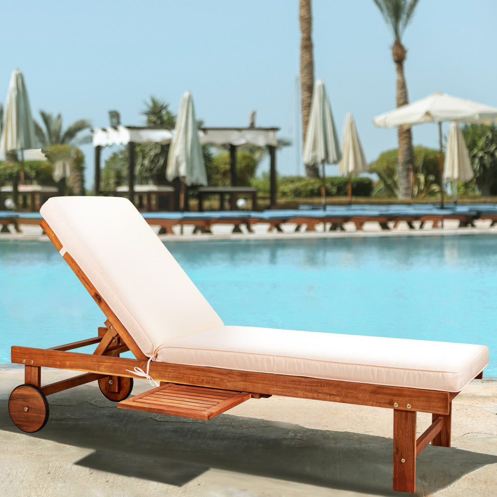 Seabrook 69"x24" Outdoor Acacia Lounger With Cushion, 5-Position, Light Brown
