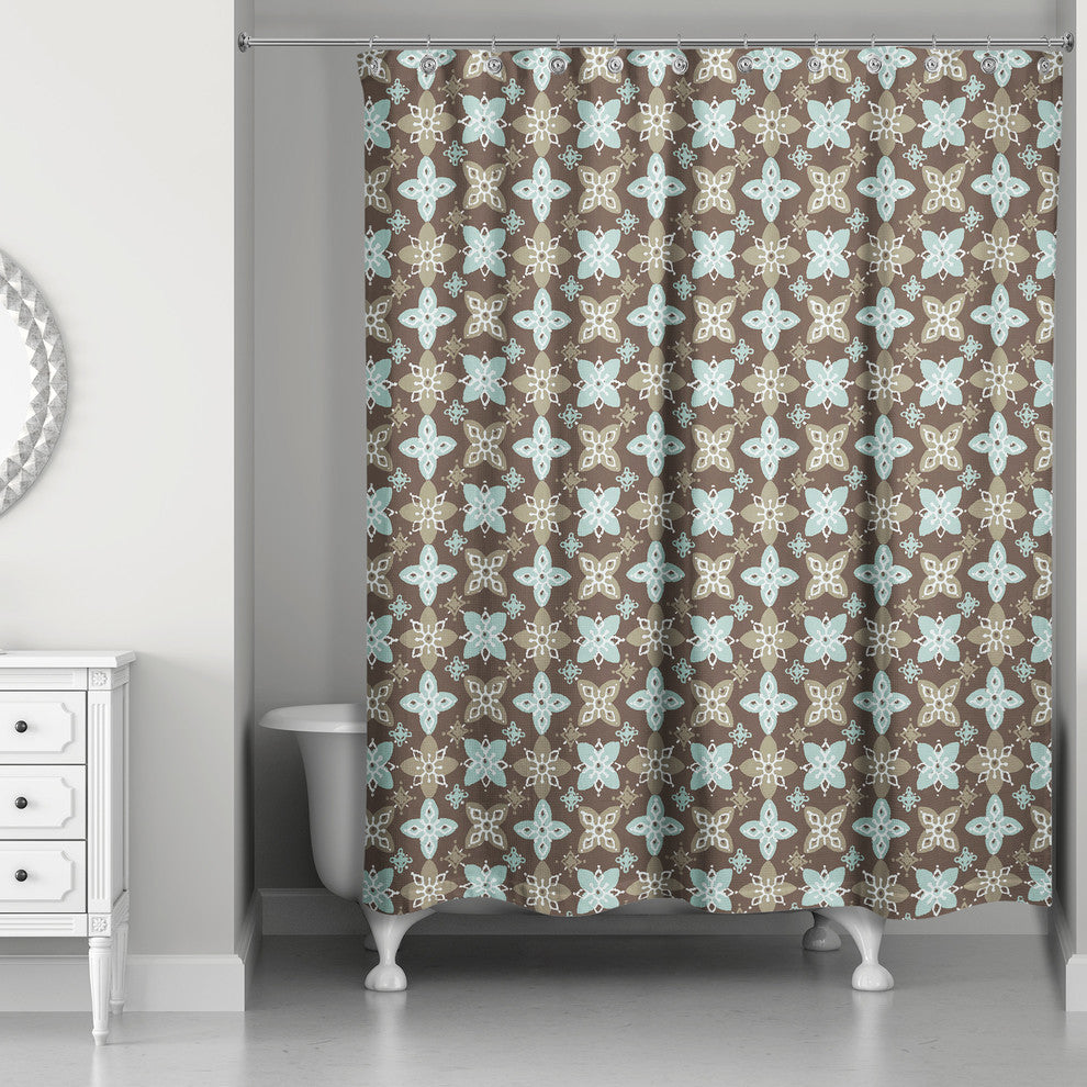 Folk Floral Pattern in Blue and Brown Shower Curtain