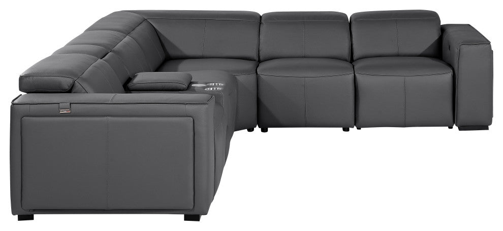 Niccolo Top Grain Italian Leather 6-Piece L-Shaped Power Reclining Sectional, Dark Grey