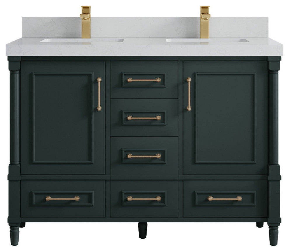 Aberdeen 48" Double Sink Bath Vanity in Dark Forest Green 2" Carrara Quartz