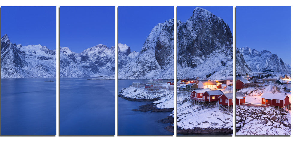 Fishermen Cabins in Winter, Modern Seashore Canvas Wall Art, 60"x28", 5 Panels