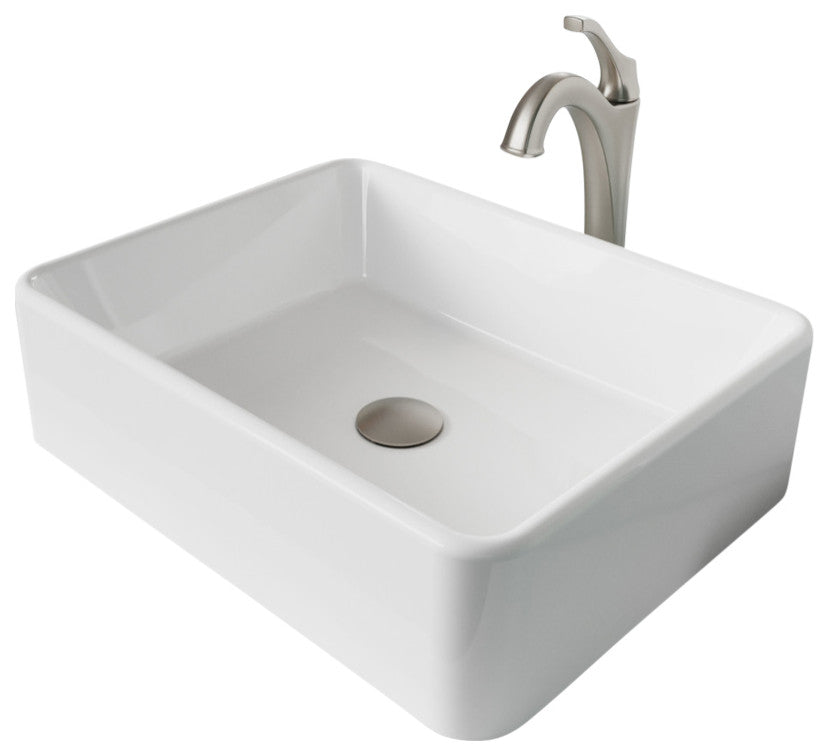 Elavo Rectangle Ceramic Vessel Sink, Bathroom Arlo Faucet, Drain, SFS Stainless