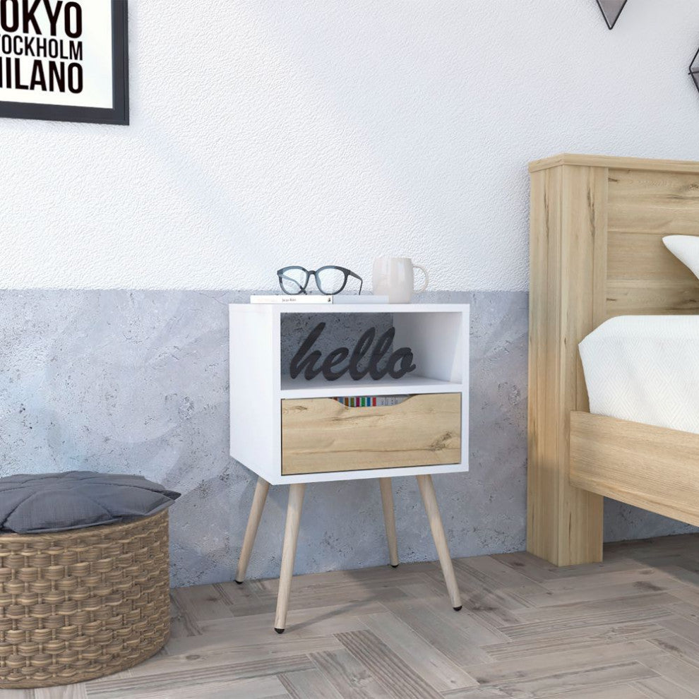 Allie Nightstand with Superior Top, Open Shelf, and Drawer, White/ Light Oak