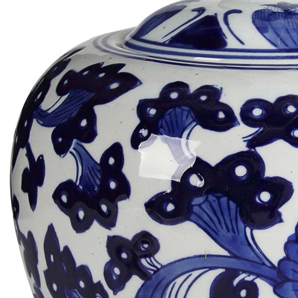 Benzara BM286406 10" Lidded Jar, Round Floral Print, Blue &White Porcelain