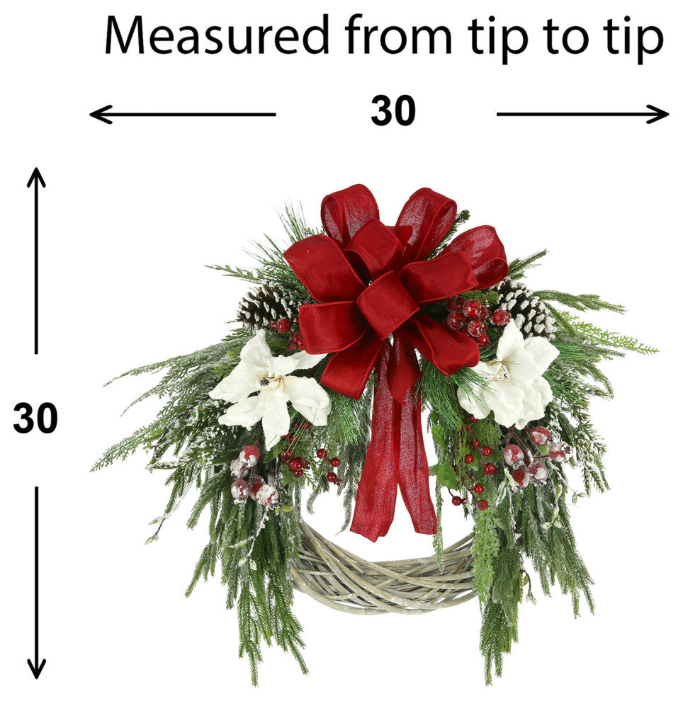 30" Woven Willow Holiday Wreath with Evergreen, Berries and a Large Bow