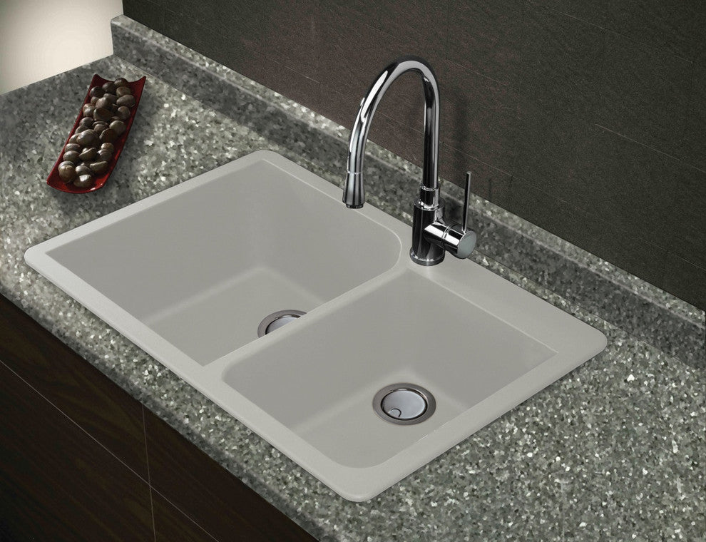 Radius 33" silQ Granite Double Bowl Kitchen Sink with 1 Hole in White