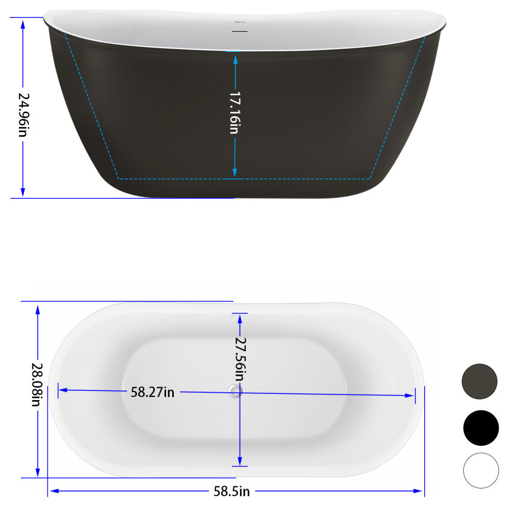 59" glossy Acrylic Flatbottom Oval Freestanding Non-Whirlpool Soaking Bath