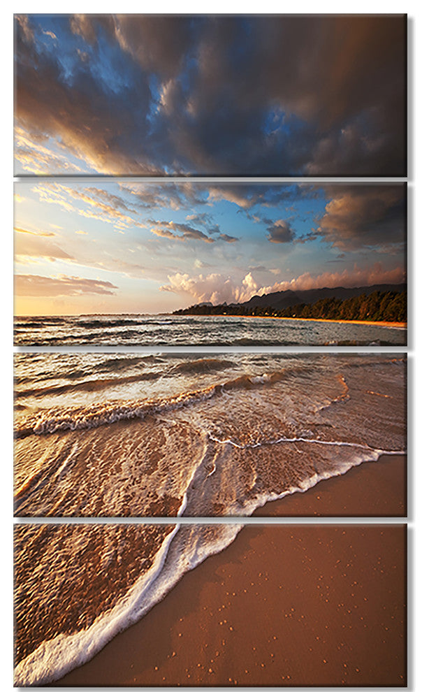 Cloudy Sky over Wide Seashore, Large Seashore Canvas Print, 28"x48", 4 Panels