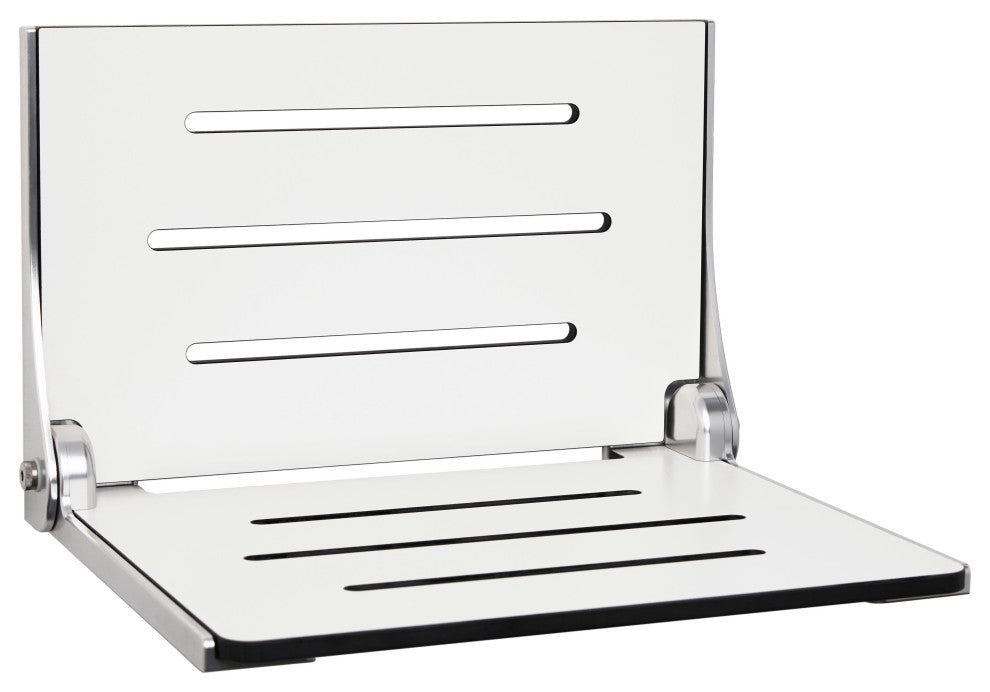 Silhouette Folding Wall Mount Shower Bench Seat, White Seat, Silver Frame