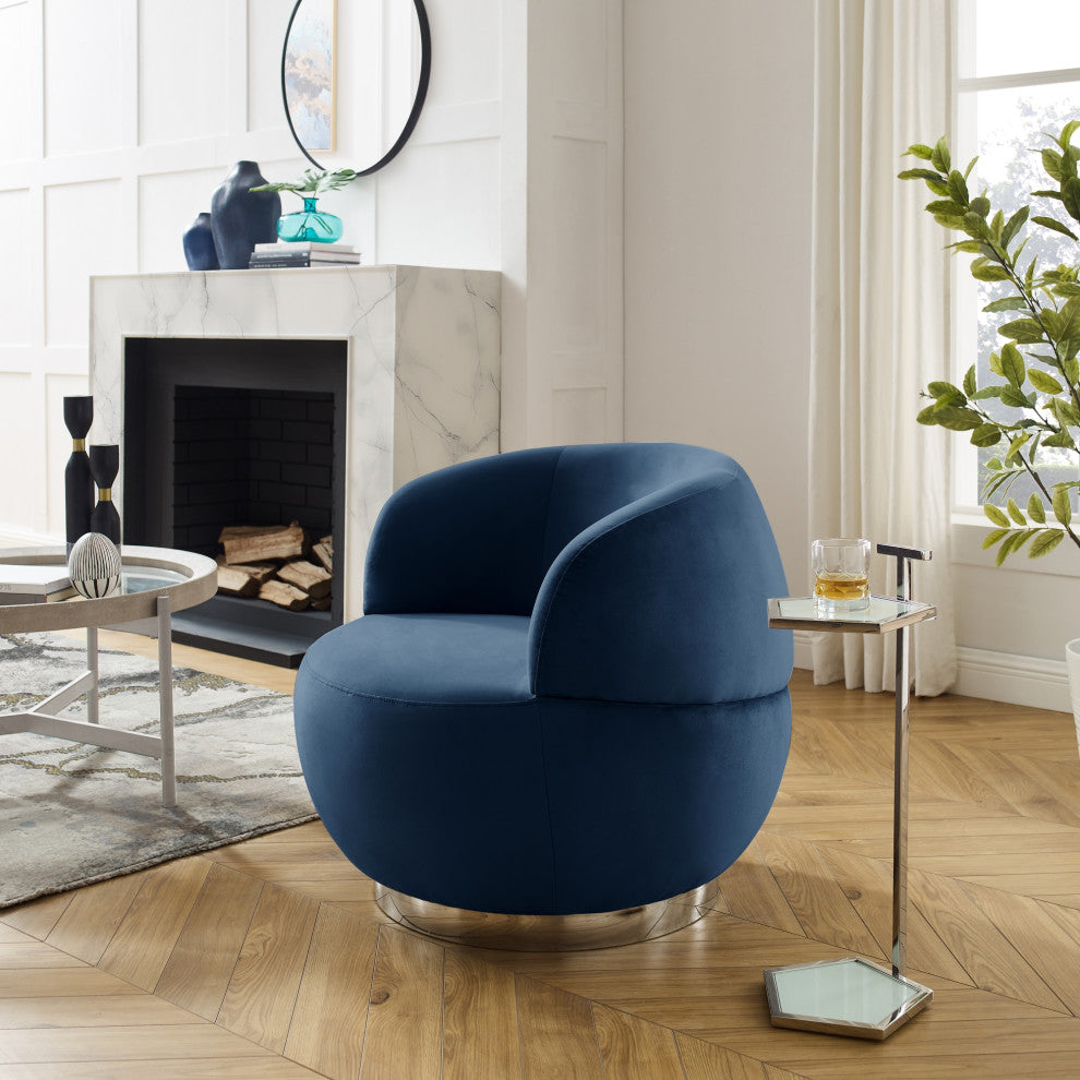 Inspired Home Shaniyah Accent Chair, Swivel, Navy/Chrome Velvet