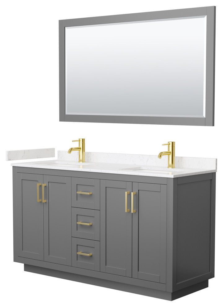60"DBL Vanity Dark Gray, LV Carrara Cult. Top, Sinks, Gold Trim, 58"Mirror