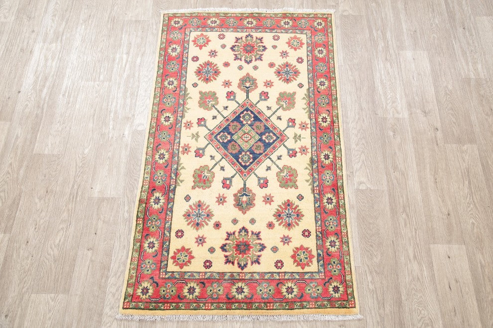 Hand-Knotted Oriental Kazak Traditional Pakistani Area Rug, Beige, 5'0"X3'0"
