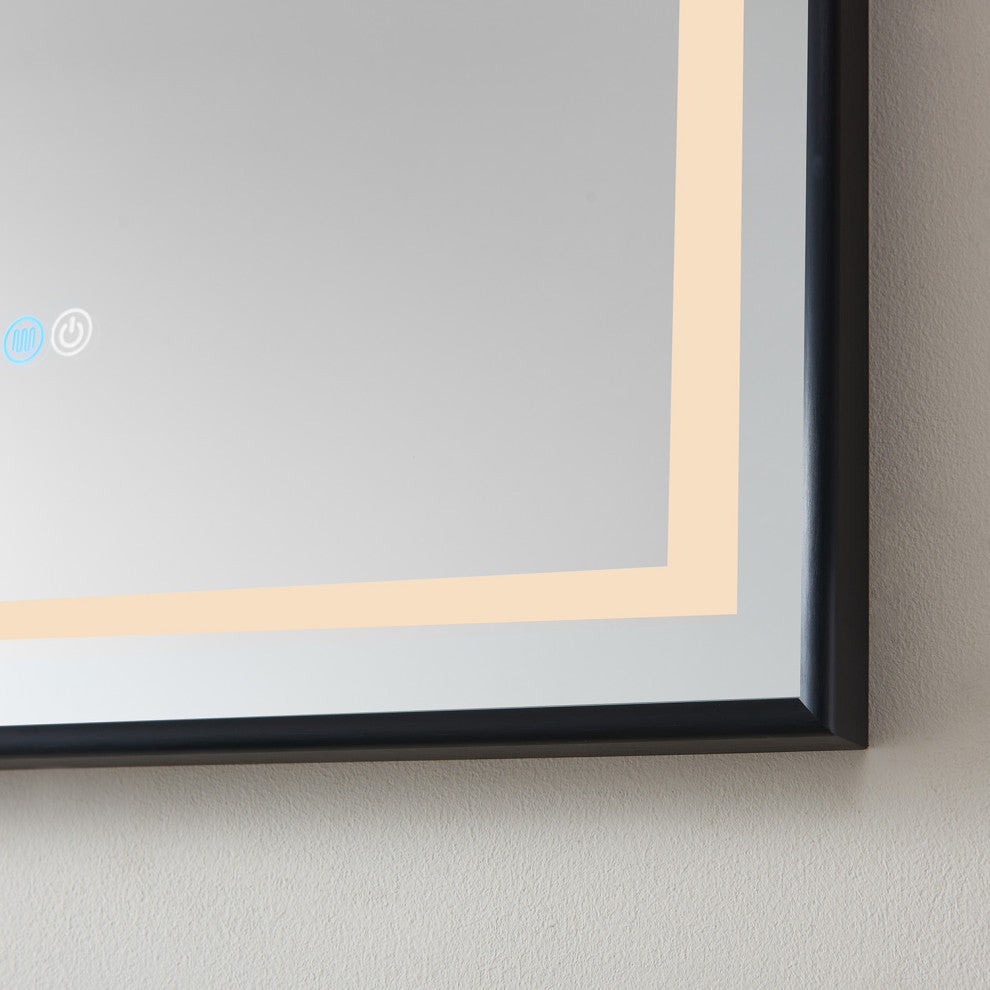 Horizontal Rectangular LED Wall Mount Bathroom Mirror, Black, 24"
