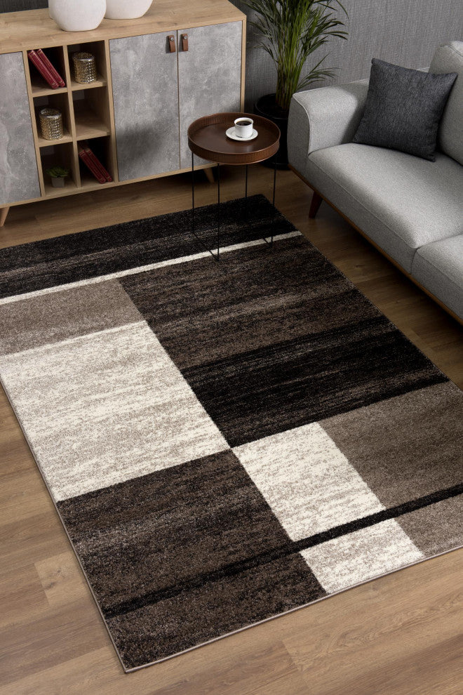 5"x8" Brown and Beige Abstract Blocks Area Rug