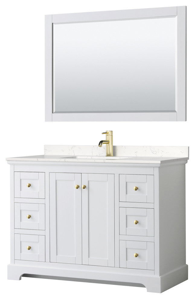 48" Single Vanity White, LV Carrara Cult. Marble Top, Sink, 46"Mirror, Gold Trim