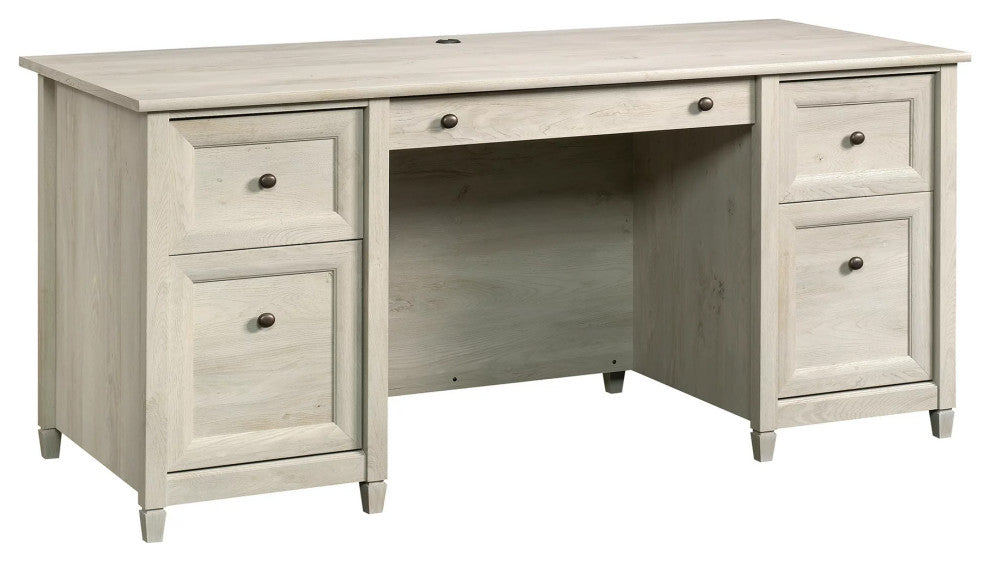 Farmhouse Desk, Wooden Top With Storage Drawers & Pull Handles, Chalked Chesnut