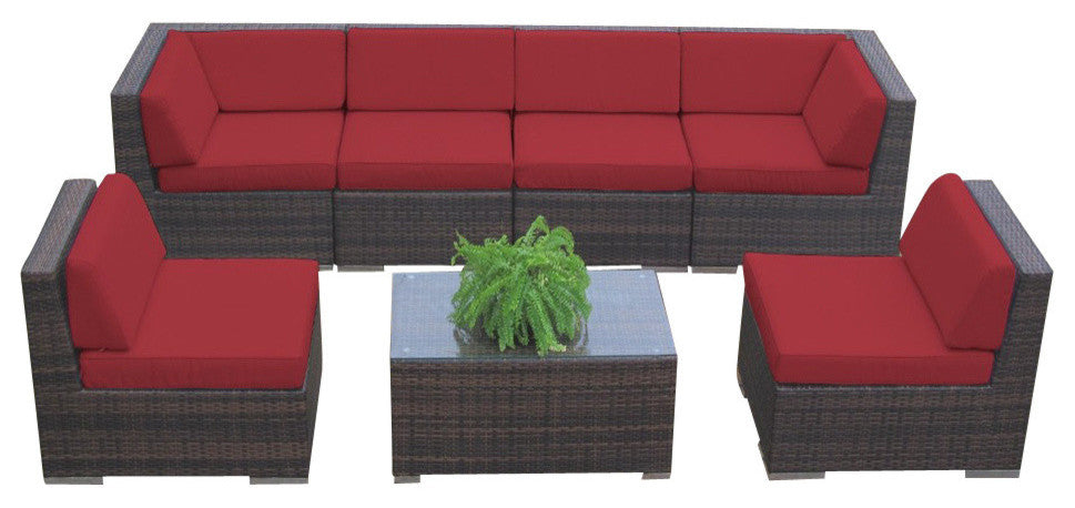 Ohana 7-Piece Deep Seating Sectional Set, Red Sunbrella, Brown Wicker
