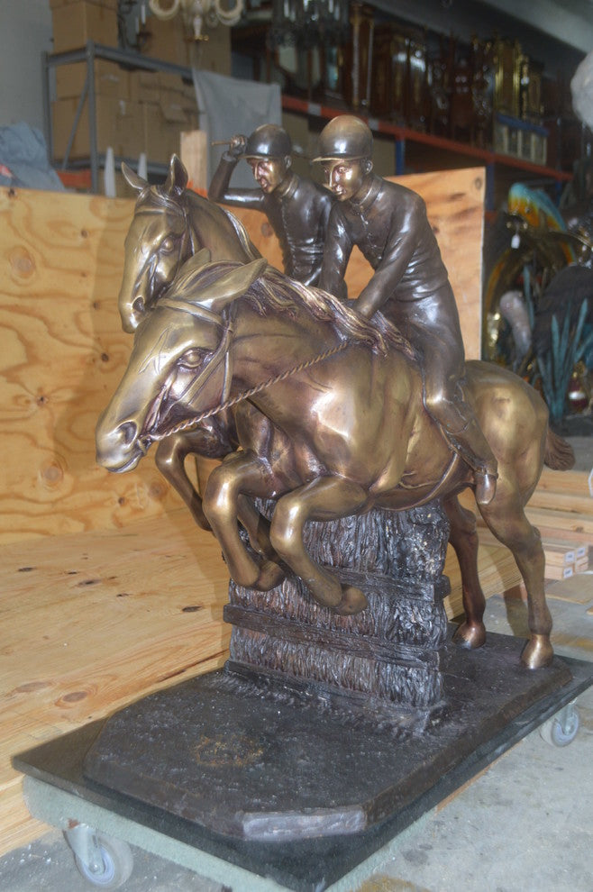Two Horse Riders Racing Each Other Bronze Statue -  Size: 45"L x 21"W x 42"H.