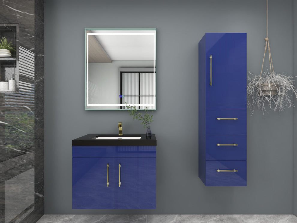 Rosa 30" Wall Mounted Modern Vanity, High Gloss Night Blue, Matt Black Top