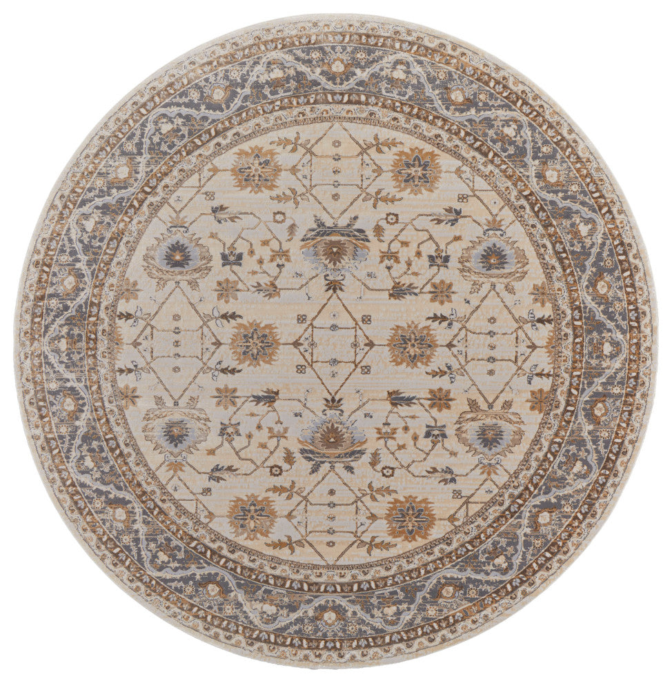 Neoma Traditional Bordered, Tan/Ivory/Gray, 7'9"x7'9" Round Rug