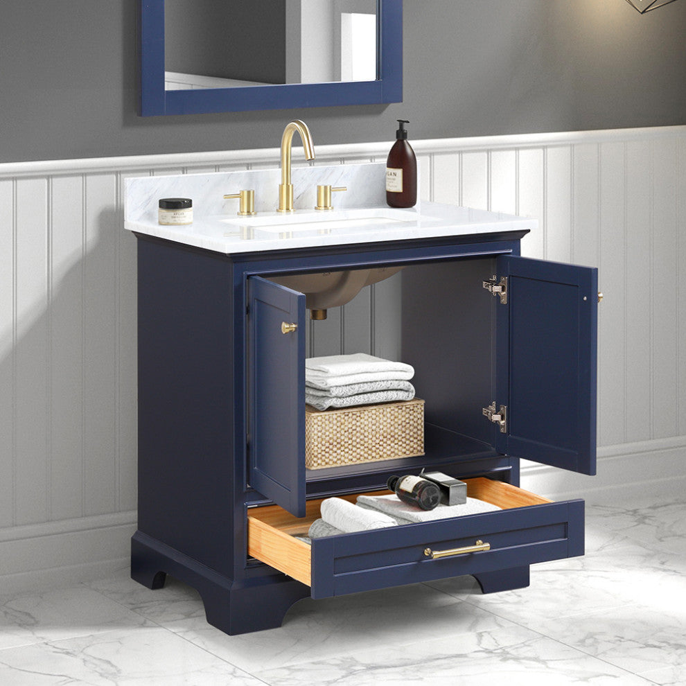 Freestanding Bathroom Vanity with Marble Countertop & Undermount Sink, Blue, 30'' W/ Sink
