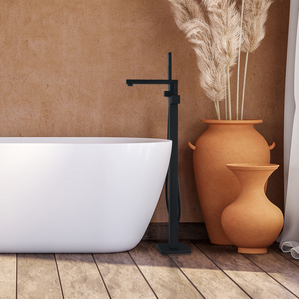 Campia Single Lever Handle Floor Mounted Tub Filler With Handshower, Matte Black