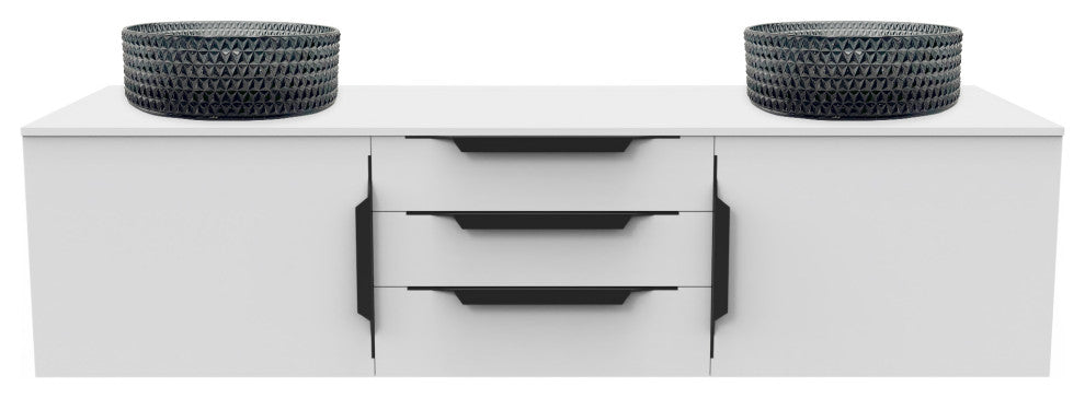 Wildsee Floating Vanity Set With Tempered Clear Glass Sink, Black, 60", White