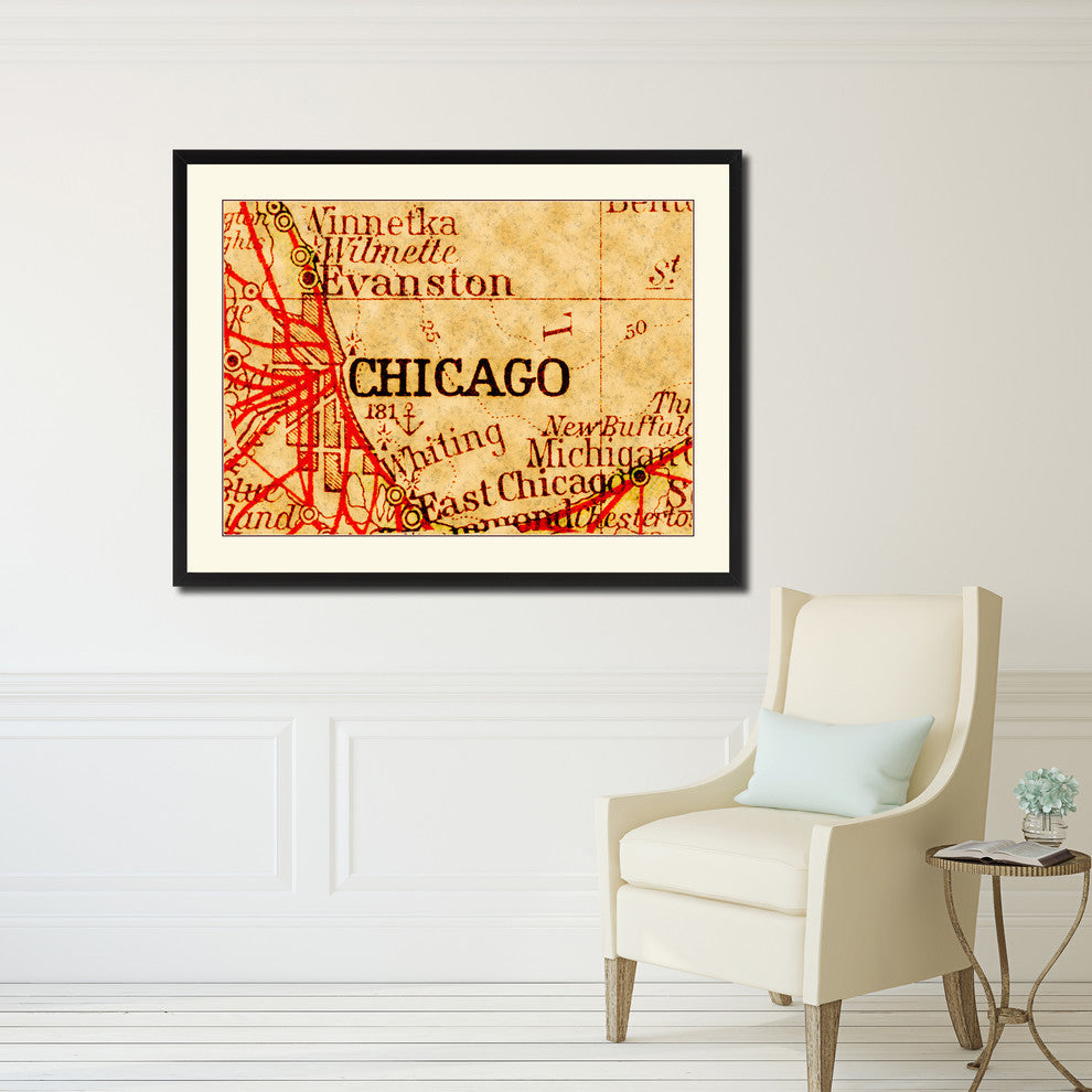 Chicago, Illinois Vintage Map Print On Canvas With Picture Frame 16" X 21"
