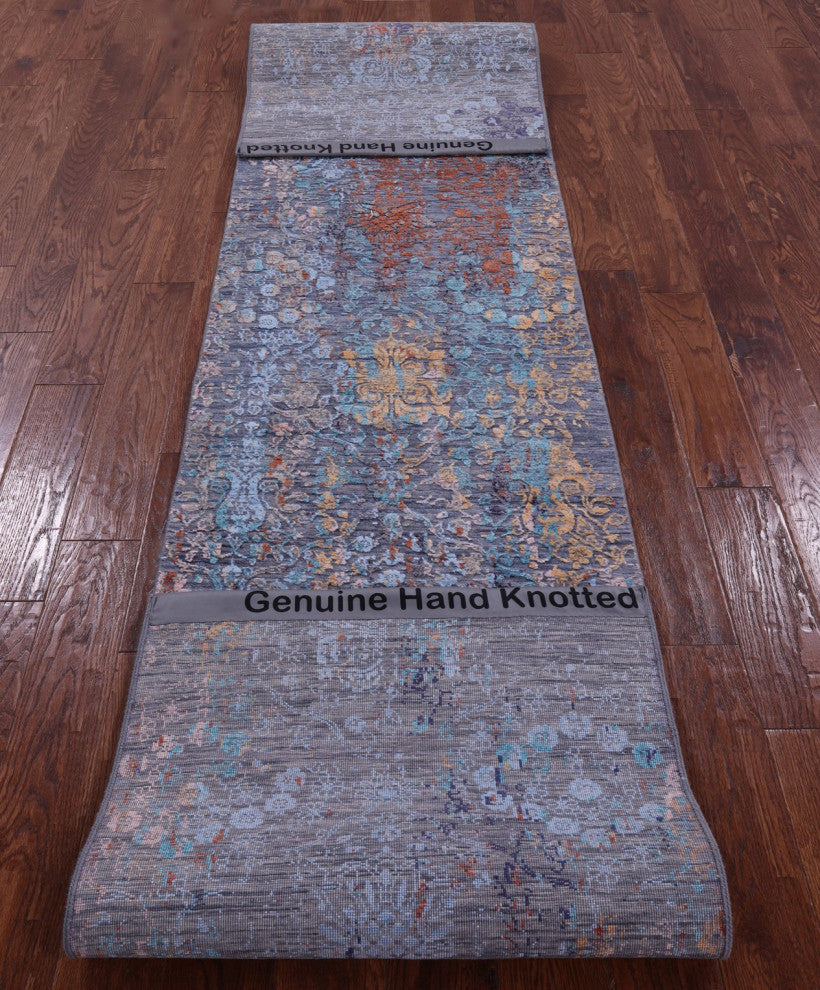 Runner Hand-Knotted Modern Wool and Silk Rug 2' 6" X 12' 0" Q11828