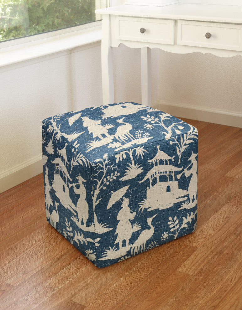 Chinoiserie Navy, Linen Upholstered Ottoman