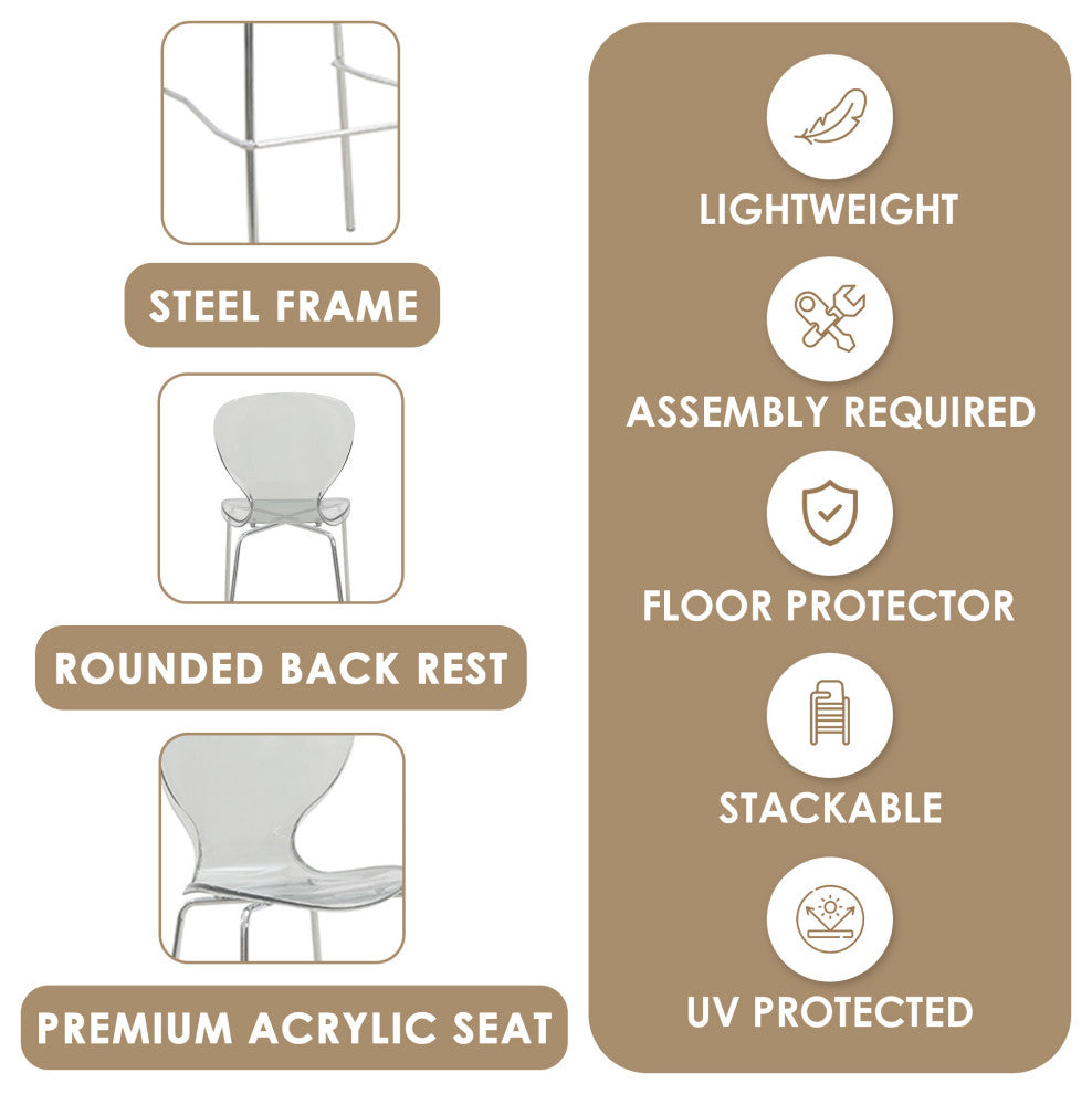 LeisureMod Oyster Acrylic Barstool With Steel Frame in Chrome Finish, Smoke