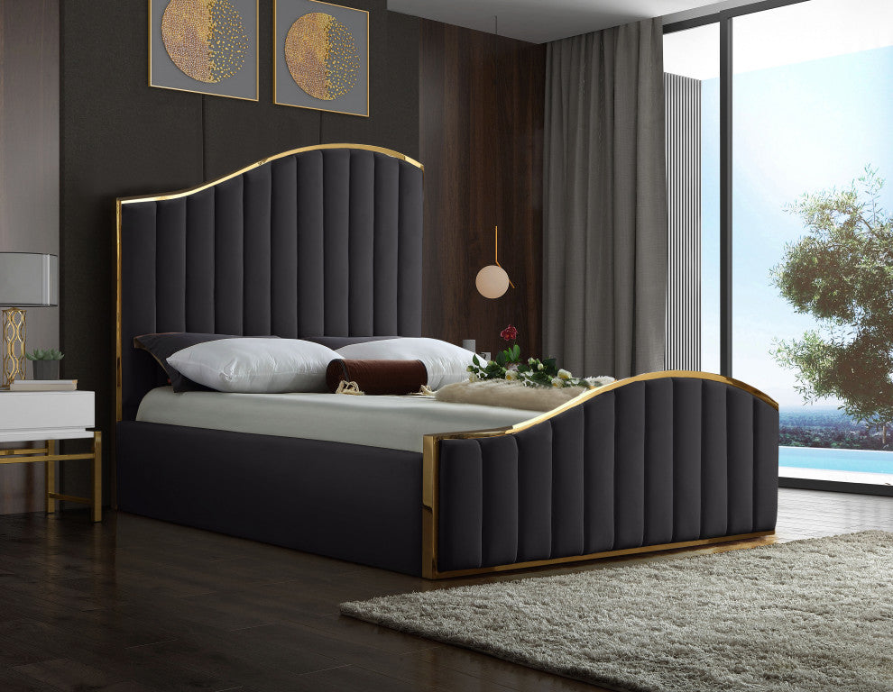 Jolie Black Velvet King Bed, Gray, Queen
