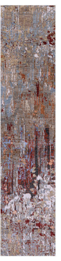 2' 7" X 12' 0" Abstract Wool and Silk Hand Knotted Runner Rug Q6864
