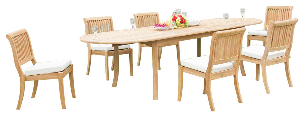 7-Piece Teak Dining Set, 117" Extension Oval Table, 6 Stacking Armless Chairs