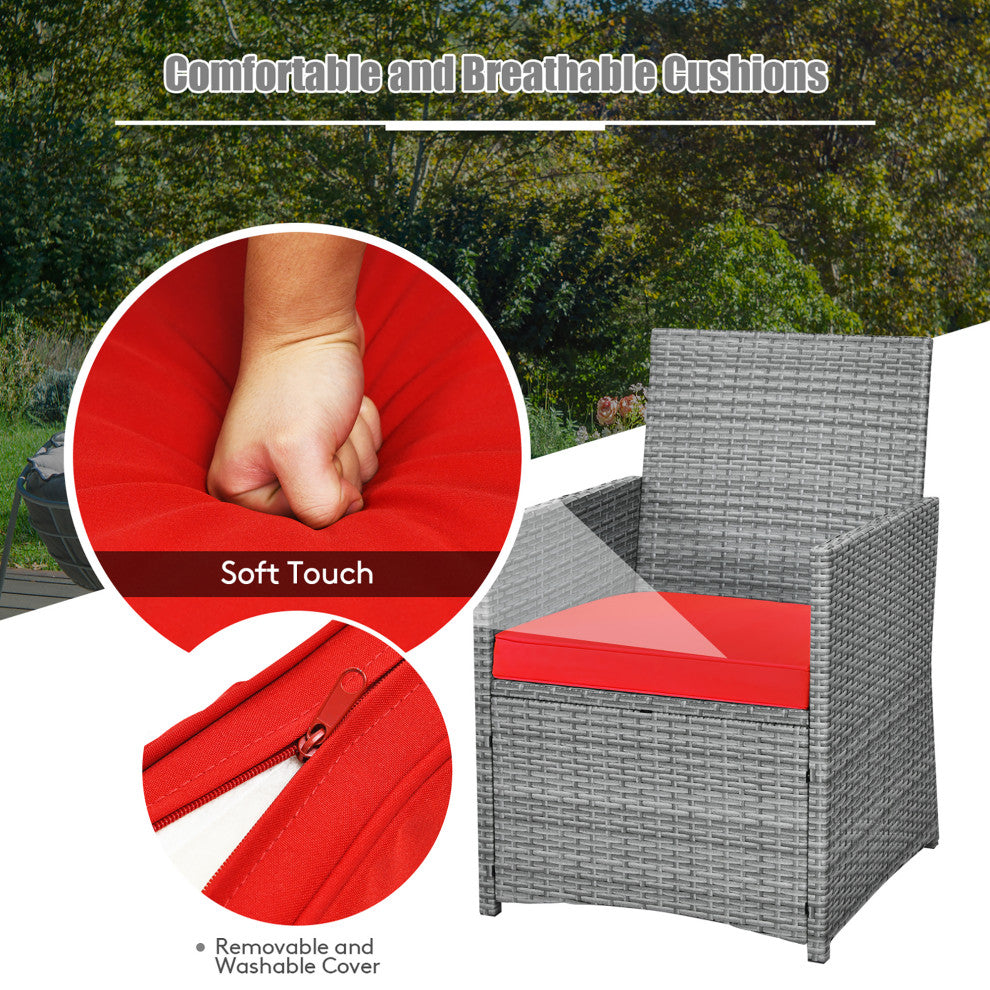 Costway 3PCS Patio Rattan Furniture Set Cushioned Sofa Armrest  Garden Red