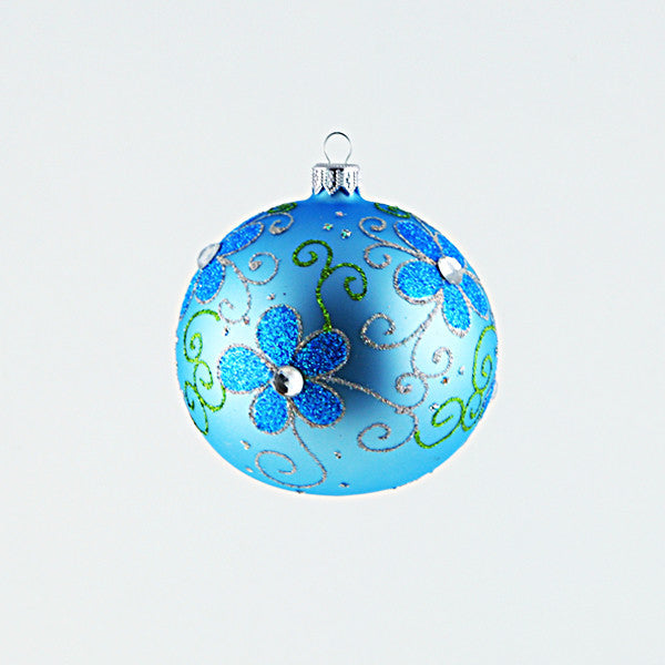 Powder Blue Ball Ornament With Blue Daisies, Small