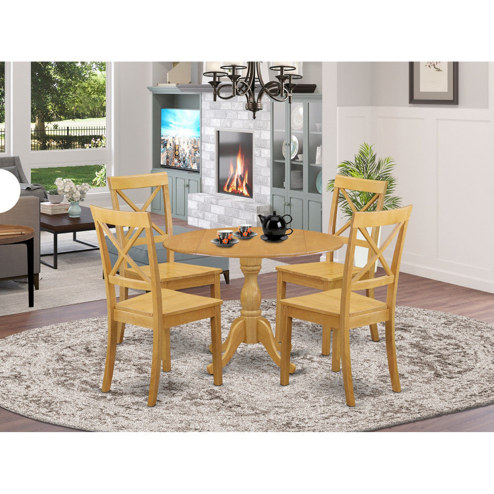 5 Pc Dining Set, Room Table, 4 Oak Wooden Chairs, X-Back, Oak Finish