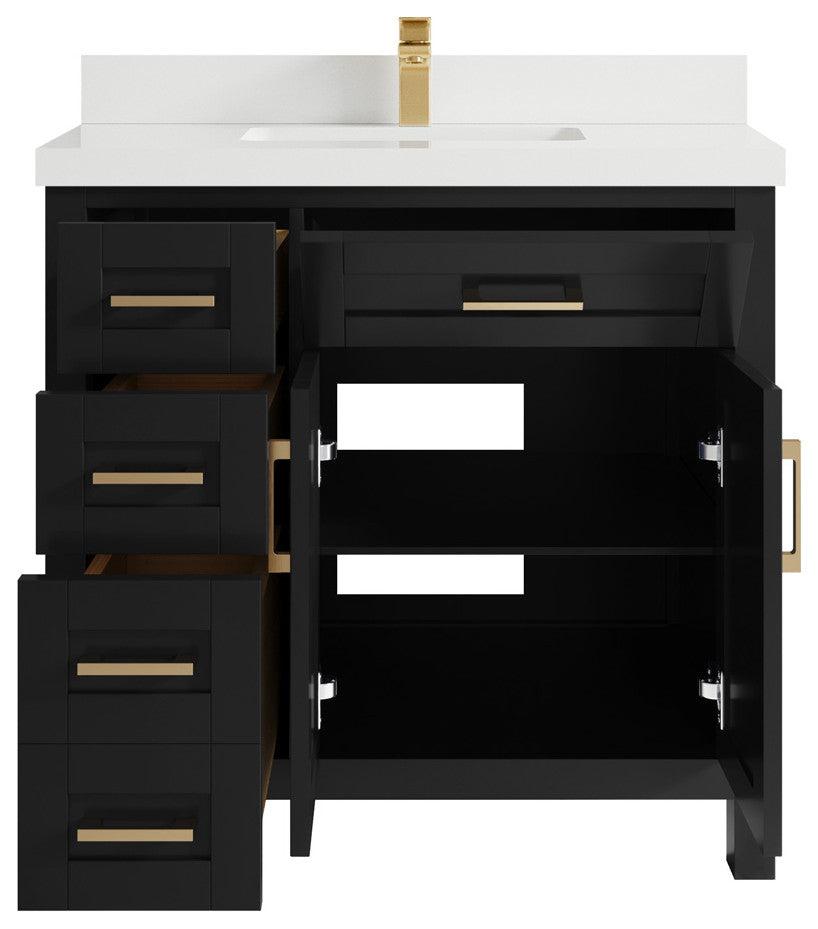 Cambridge 36 Center Sink Bath Vanity in Black 2" White Quartz