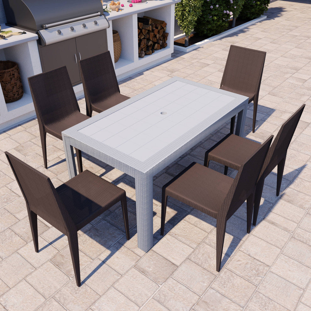 LeisureMod Mace Mid-Century 7-Piece Rectangular Outdoor Dining Set, White/Brown