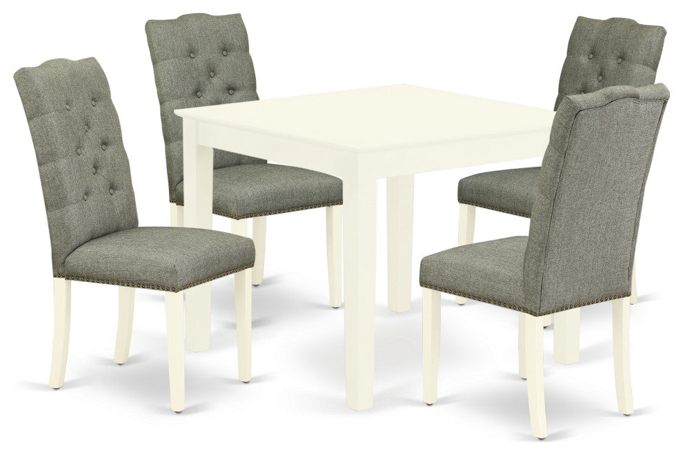 5Pc Kitchen Set 4 Chair, Table Solid Wood Frame High Back & Linen White