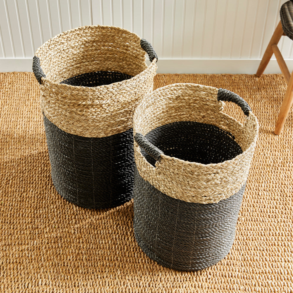 Set 2 Contemporary Casual Natural Black Round Tall Tote Baskets Handles Large